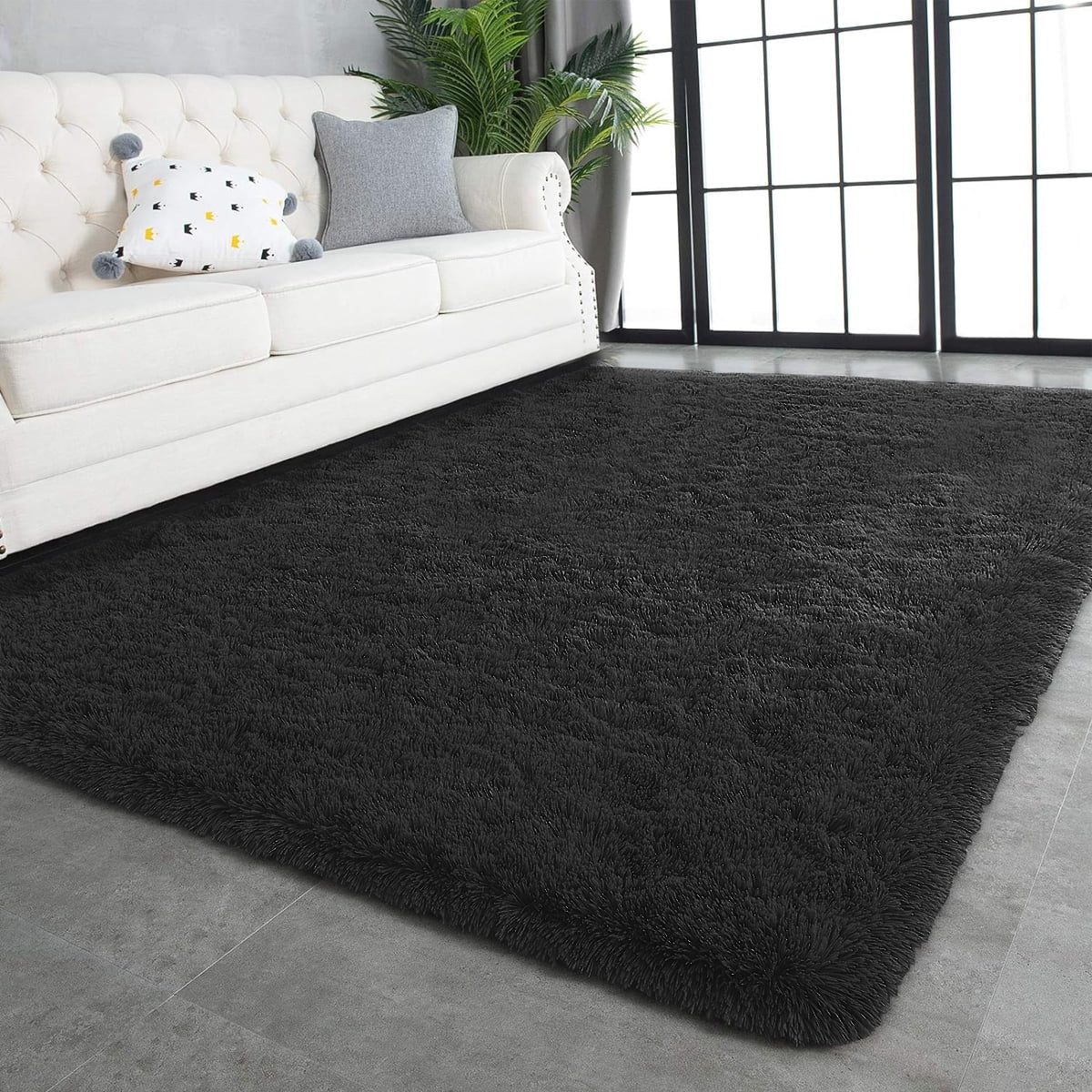 Ultra Soft Rug for Living Room, 5X8 Fluffy Shag Area Rug for Bedroom, Modern Shaggy Carpets Fuzzy Rug for Teens Dorm Bedside Home Decor Aesthetic, Heavy Duty Non Slip, Black