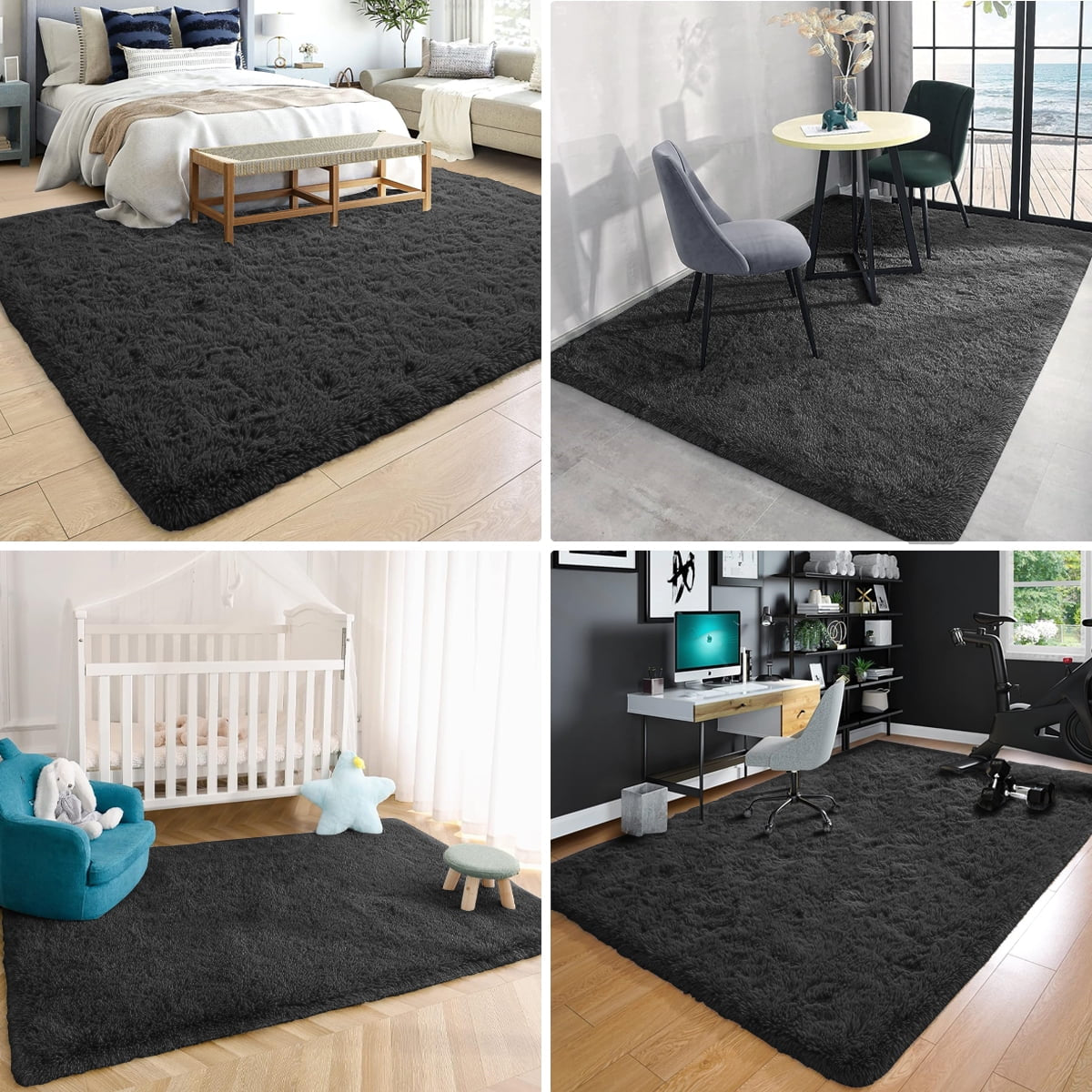 Ultra Soft Rug for Living Room, 5X8 Fluffy Shag Area Rug for Bedroom, Modern Shaggy Carpets Fuzzy Rug for Teens Dorm Bedside Home Decor Aesthetic, Heavy Duty Non Slip, Black