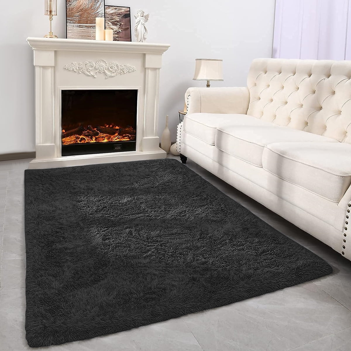 Ultra Soft Rug for Living Room, 5X8 Fluffy Shag Area Rug for Bedroom, Modern Shaggy Carpets Fuzzy Rug for Teens Dorm Bedside Home Decor Aesthetic, Heavy Duty Non Slip, Black