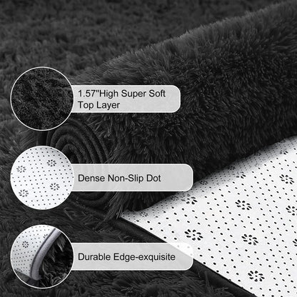 Ultra Soft Rug for Living Room, 5X8 Fluffy Shag Area Rug for Bedroom, Modern Shaggy Carpets Fuzzy Rug for Teens Dorm Bedside Home Decor Aesthetic, Heavy Duty Non Slip, Black