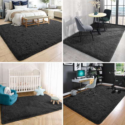 Ultra Soft Rug for Living Room, 5X8 Fluffy Shag Area Rug for Bedroom, Modern Shaggy Carpets Fuzzy Rug for Teens Dorm Bedside Home Decor Aesthetic, Heavy Duty Non Slip, Black